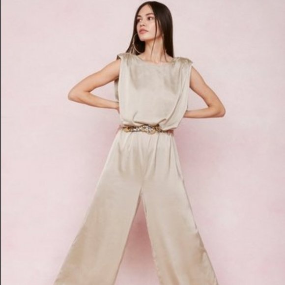 New Nasty Gal Champagne Wide Leg Satin Jumpsuit 4 Womens Elegant Sophisticated - Picture 4 of 12